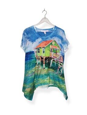 Leoma Lovegrove Blue Short Sleeved Shark Bite Hem Shirt Beach House Size XL